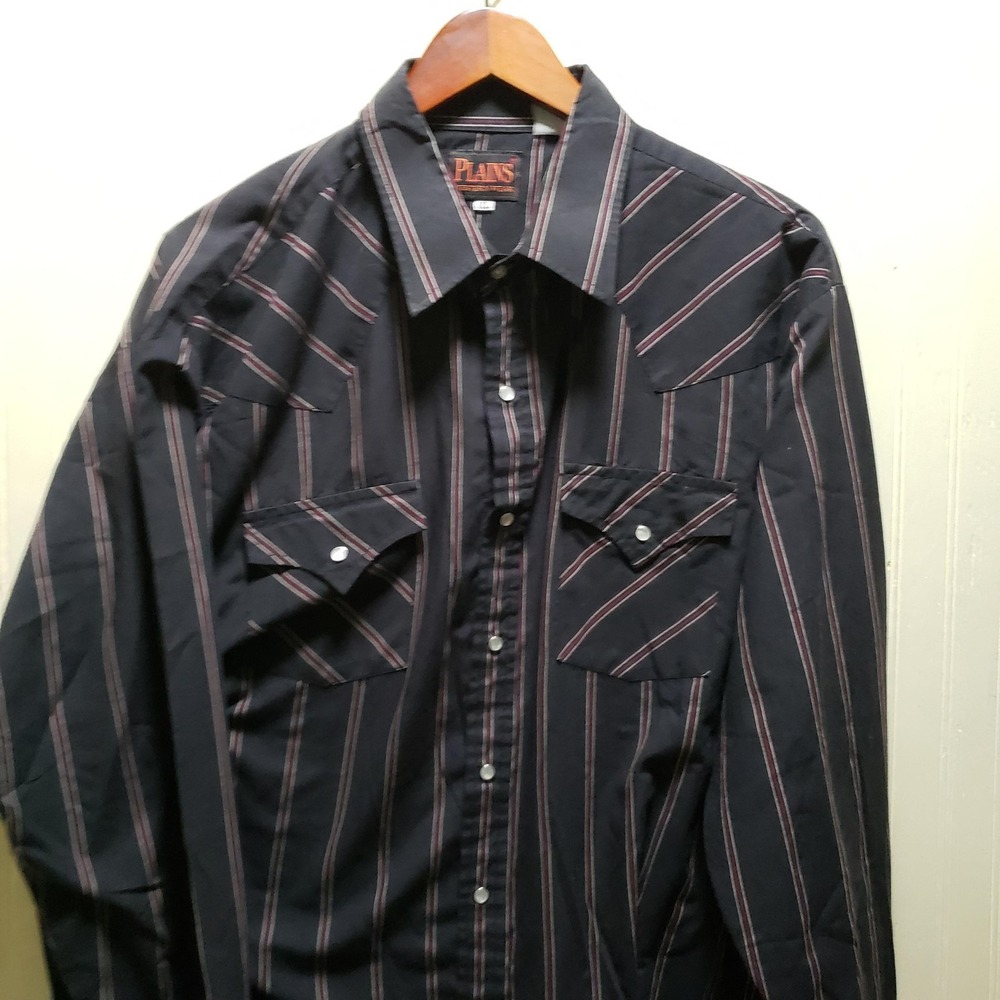Plains Western Wear Shirt Mens XL Black Stripe Long Sleeve Western Snap Pockets